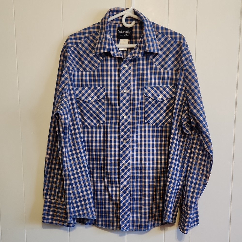 Wrangler Men's Blue Plaid Pearlized Snaps Button Down Shirt XL